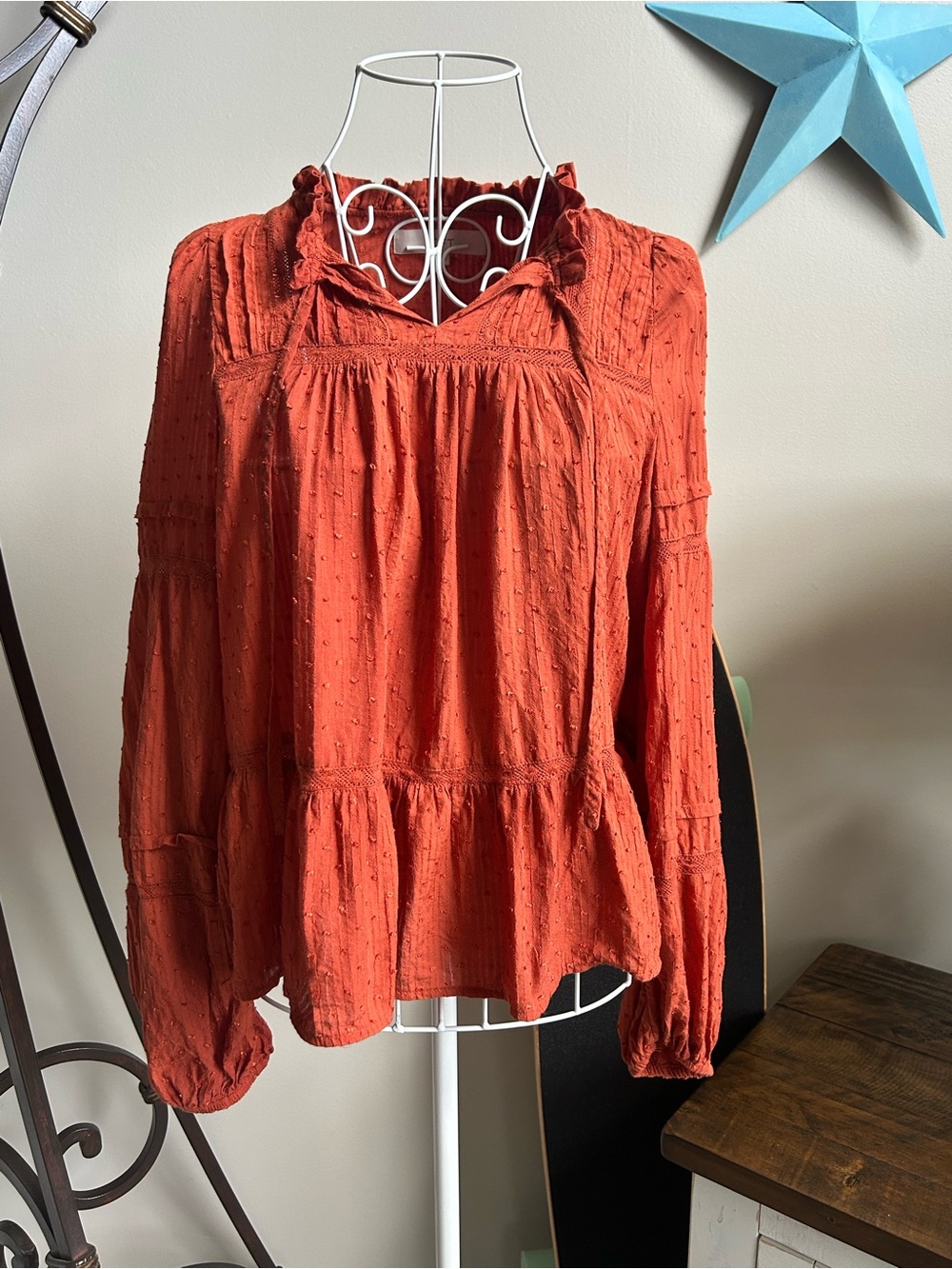 LOFT Burnt Orange Textured Ruffle-Neck Peasant Blouse